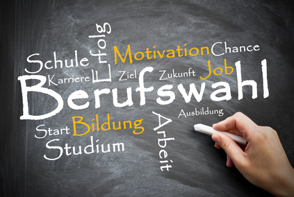 Das Bild zeigt ein kreatives Bild mit einer Tafel und der Aufschrift "Berufswahl" in der Mitte, oben "Schule, Karriere, Erfolg, Motivation, Chance, Ziel, Zukunft, Job". Unten im Bild "Start, Bildung, Studium, Arbeit, Ausbildung". Rechts unten im Bild eine Hand mit Kreide bei der Beschriftung.