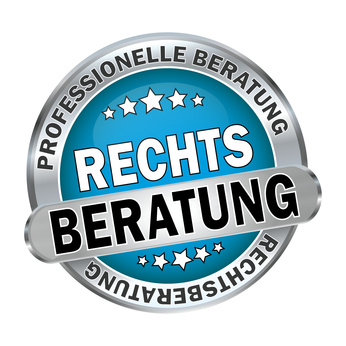 Bild zeigt eine runde Plakette mit der Aufschrift Rechtsberatung in der Mitte und im äußeren Ring - professionelle Beratung -